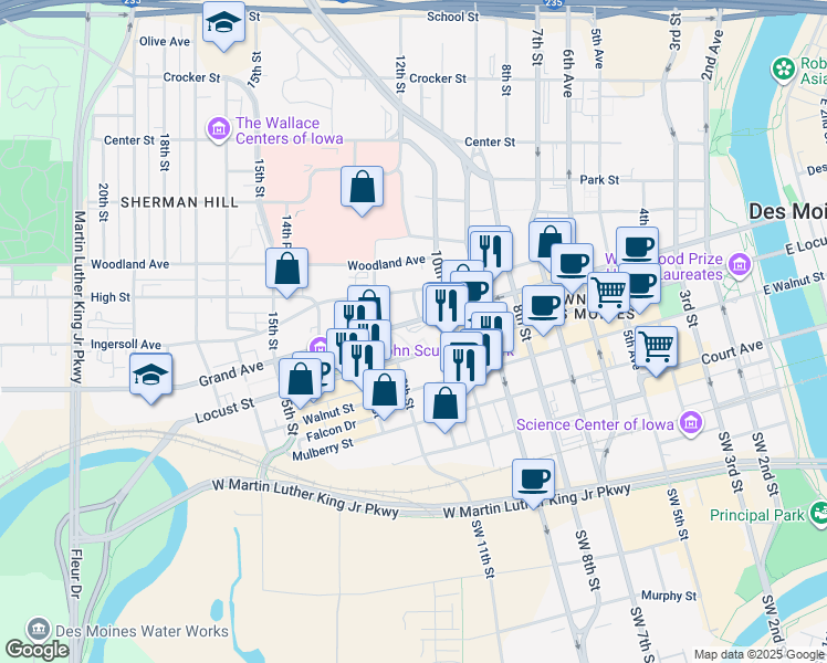 map of restaurants, bars, coffee shops, grocery stores, and more near 1100 Grand Avenue in Des Moines