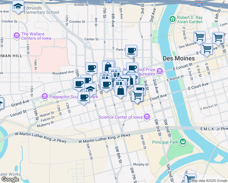 map of restaurants, bars, coffee shops, grocery stores, and more near 699 Walnut Street in Des Moines
