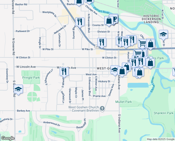 map of restaurants, bars, coffee shops, grocery stores, and more near 103 South Riverside Boulevard in Goshen