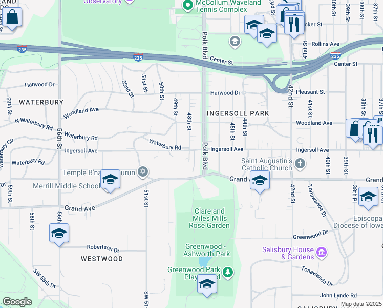 map of restaurants, bars, coffee shops, grocery stores, and more near 4730 Ingersoll Avenue in Des Moines