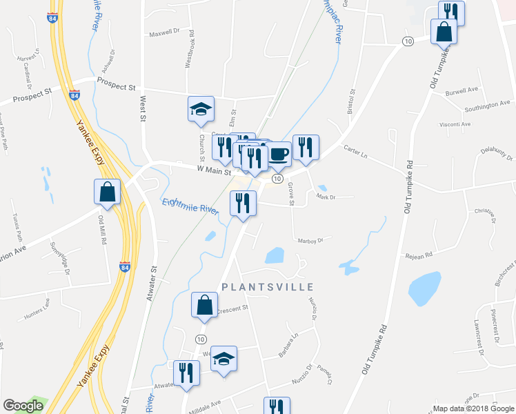map of restaurants, bars, coffee shops, grocery stores, and more near 799 Main Street in Meriden