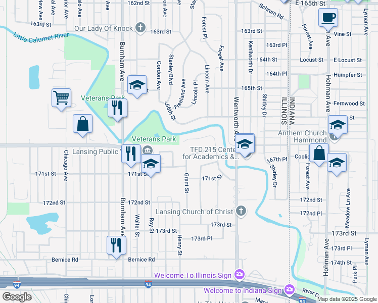 map of restaurants, bars, coffee shops, grocery stores, and more near 3418 East 170th Street in Lansing