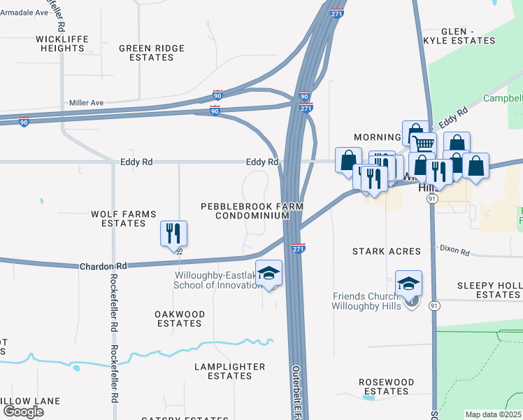map of restaurants, bars, coffee shops, grocery stores, and more near 730 Pebblebrook Drive in Willoughby Hills