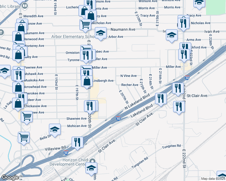 map of restaurants, bars, coffee shops, grocery stores, and more near 20600 Cherokee Avenue in Euclid