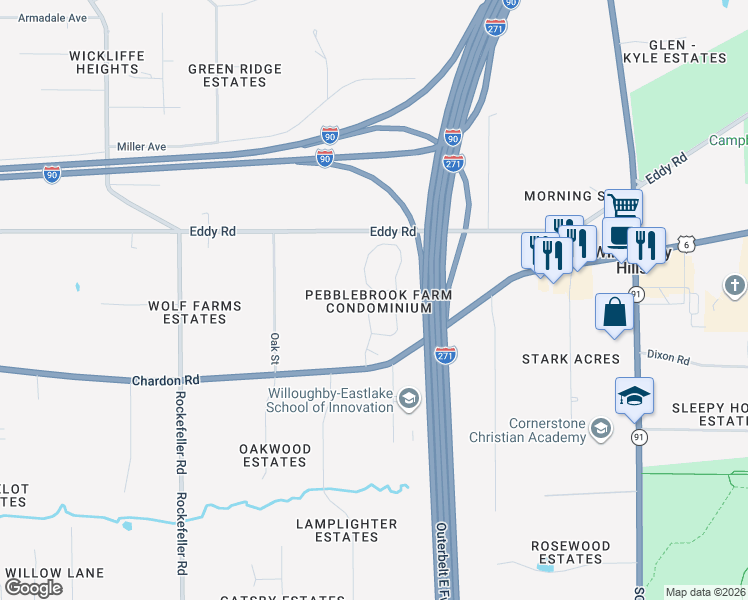 map of restaurants, bars, coffee shops, grocery stores, and more near 701 Pebblebrook Drive in Willoughby Hills