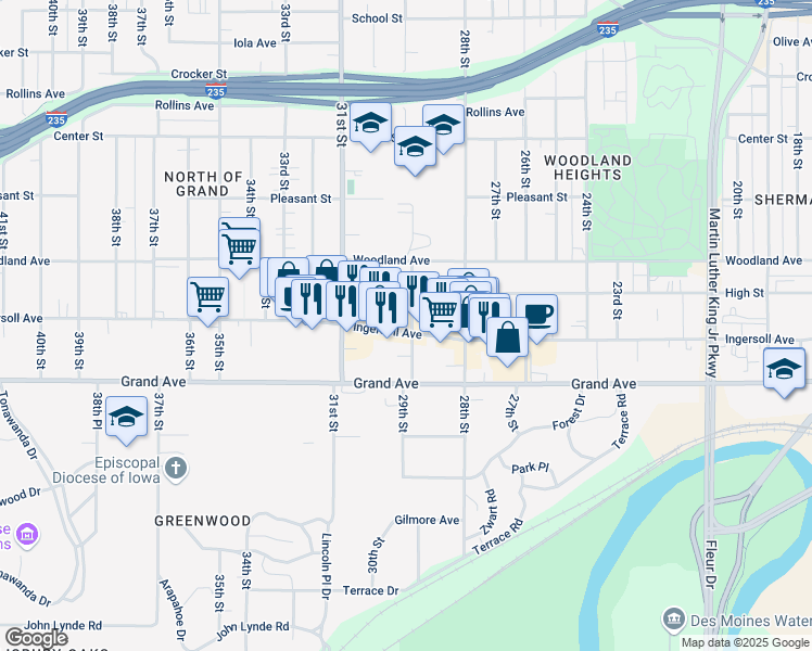map of restaurants, bars, coffee shops, grocery stores, and more near 2909 Ingersoll Avenue in Des Moines