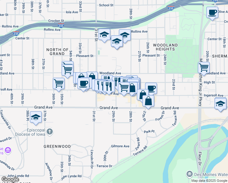 map of restaurants, bars, coffee shops, grocery stores, and more near 2909 Ingersoll Avenue in Des Moines