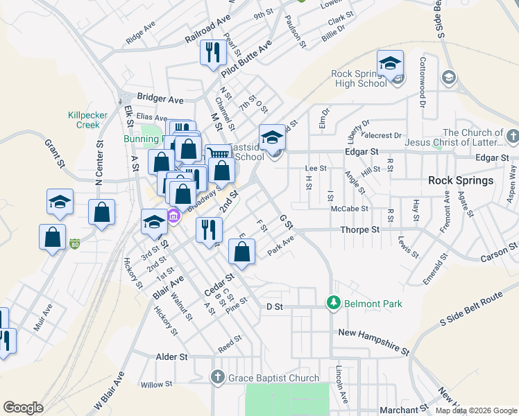 map of restaurants, bars, coffee shops, grocery stores, and more near 708 Gobel Street in Rock Springs