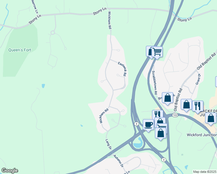 map of restaurants, bars, coffee shops, grocery stores, and more near 224 Wickham Road in North Kingstown