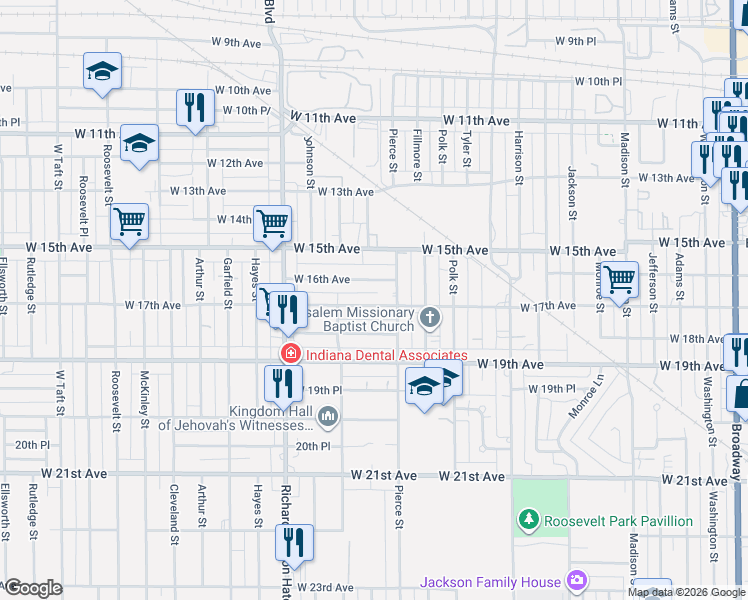 map of restaurants, bars, coffee shops, grocery stores, and more near 1236 West 17th Avenue in Gary