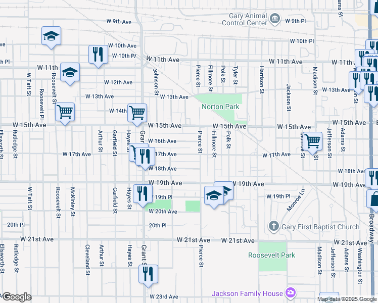 map of restaurants, bars, coffee shops, grocery stores, and more near 1232 West 17th Avenue in Gary