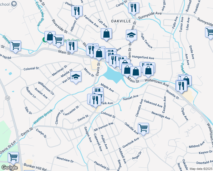 map of restaurants, bars, coffee shops, grocery stores, and more near 55 Maple Avenue in Watertown