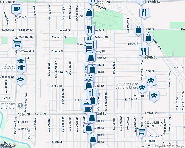 map of restaurants, bars, coffee shops, grocery stores, and more near 7011 Calumet Avenue in Hammond