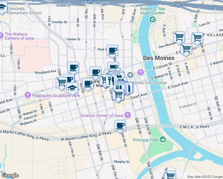 map of restaurants, bars, coffee shops, grocery stores, and more near 400 Walnut Street in Des Moines