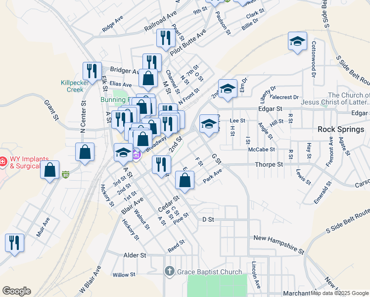 map of restaurants, bars, coffee shops, grocery stores, and more near 613 Gobel Street in Rock Springs