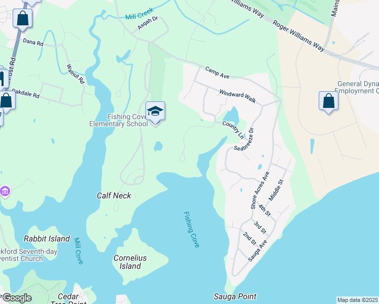 map of restaurants, bars, coffee shops, grocery stores, and more near 232 Fishing Cove Road in North Kingstown