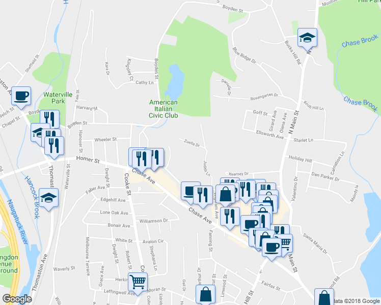 map of restaurants, bars, coffee shops, grocery stores, and more near 113 Judith Lane in Waterbury