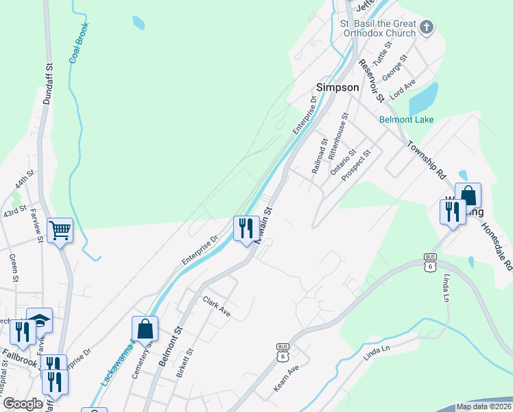 map of restaurants, bars, coffee shops, grocery stores, and more near 311 North Main Street in Simpson