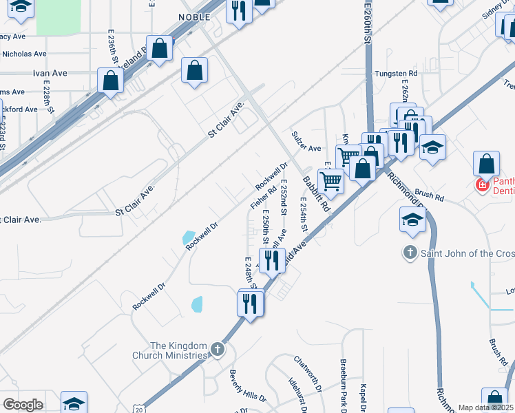 map of restaurants, bars, coffee shops, grocery stores, and more near 24830 Fisher Road in Euclid