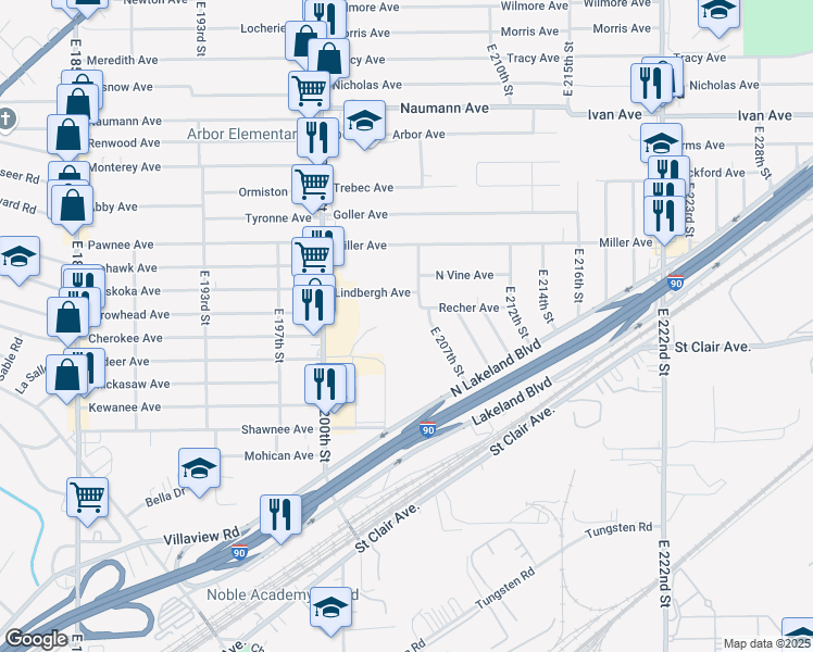 map of restaurants, bars, coffee shops, grocery stores, and more near 20600 Cherokee Avenue in Euclid