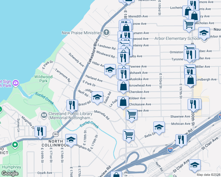map of restaurants, bars, coffee shops, grocery stores, and more near 18213 East Park Drive in Cleveland