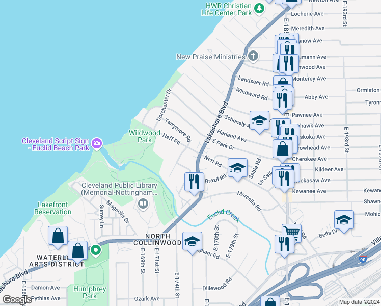 map of restaurants, bars, coffee shops, grocery stores, and more near 17731 Lakeshore Boulevard in Cleveland