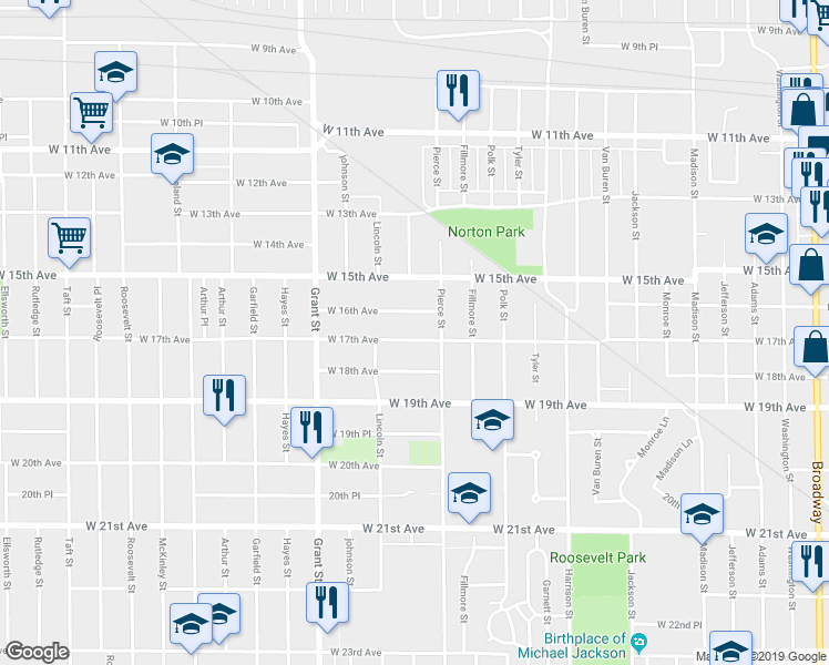 map of restaurants, bars, coffee shops, grocery stores, and more near 1232 West 17th Avenue in Gary