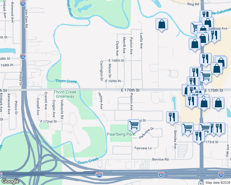 map of restaurants, bars, coffee shops, grocery stores, and more near 1875 East 170th Street in South Holland