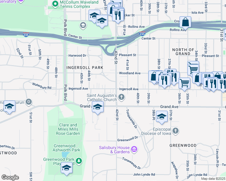 map of restaurants, bars, coffee shops, grocery stores, and more near in Des Moines