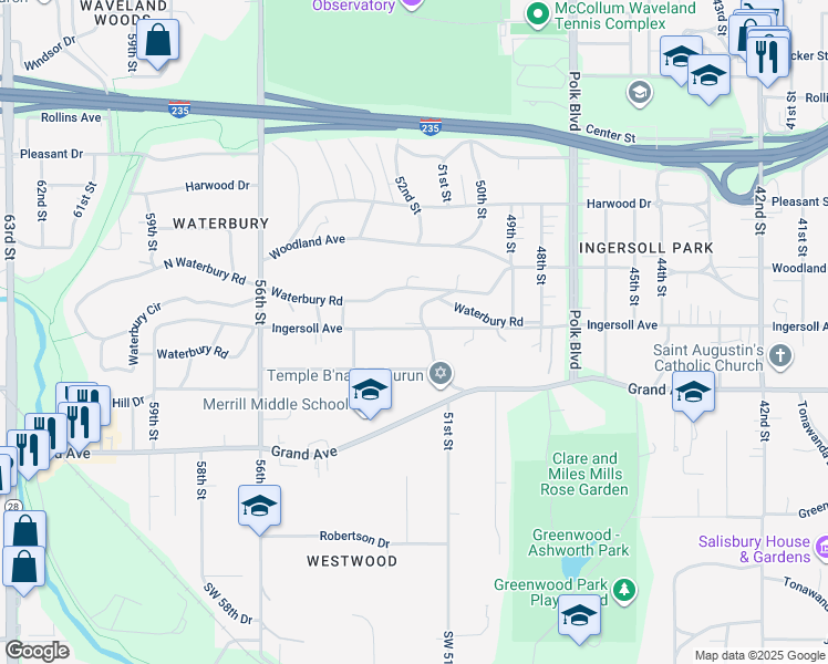 map of restaurants, bars, coffee shops, grocery stores, and more near 5128 Ingersoll Avenue in Des Moines