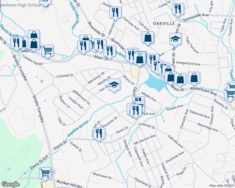 map of restaurants, bars, coffee shops, grocery stores, and more near 250 Colonial Street in Watertown