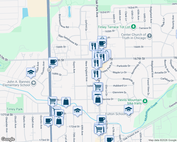 map of restaurants, bars, coffee shops, grocery stores, and more near 16755 New England Avenue in Tinley Park