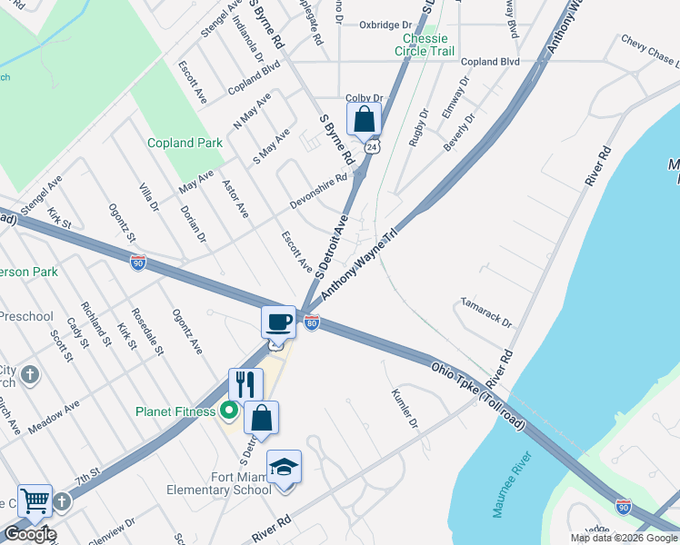 map of restaurants, bars, coffee shops, grocery stores, and more near 3318 Bampton Avenue in Toledo