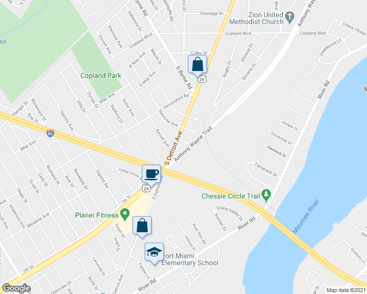 map of restaurants, bars, coffee shops, grocery stores, and more near 3318 Bampton Avenue in Toledo