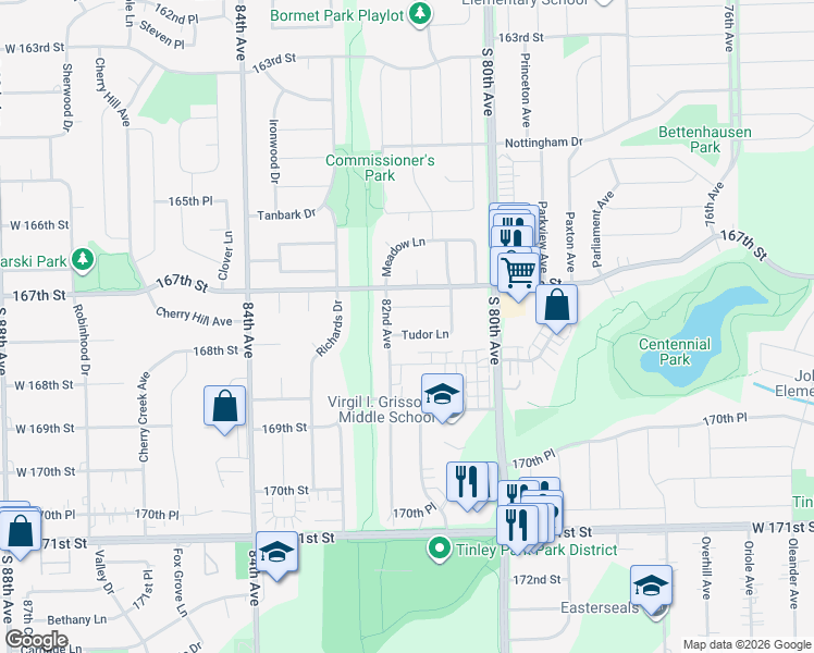 map of restaurants, bars, coffee shops, grocery stores, and more near 8106 Tudor Lane in Tinley Park