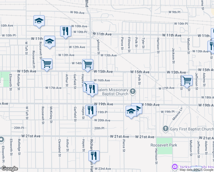 map of restaurants, bars, coffee shops, grocery stores, and more near 1400 West 17th Avenue in Gary