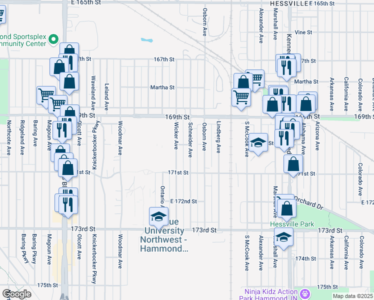 map of restaurants, bars, coffee shops, grocery stores, and more near 7010 Schneider Avenue in Hammond