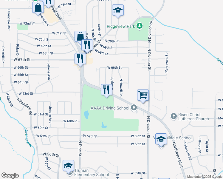 map of restaurants, bars, coffee shops, grocery stores, and more near West 63rd Street in Davenport