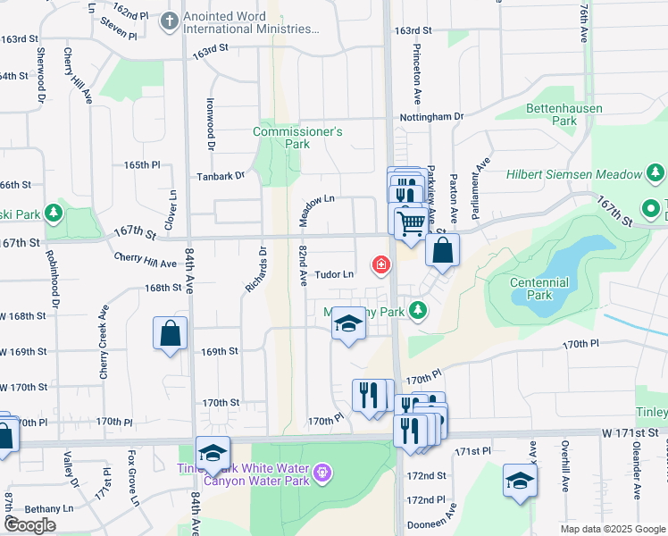 map of restaurants, bars, coffee shops, grocery stores, and more near 8106 Tudor Lane in Tinley Park
