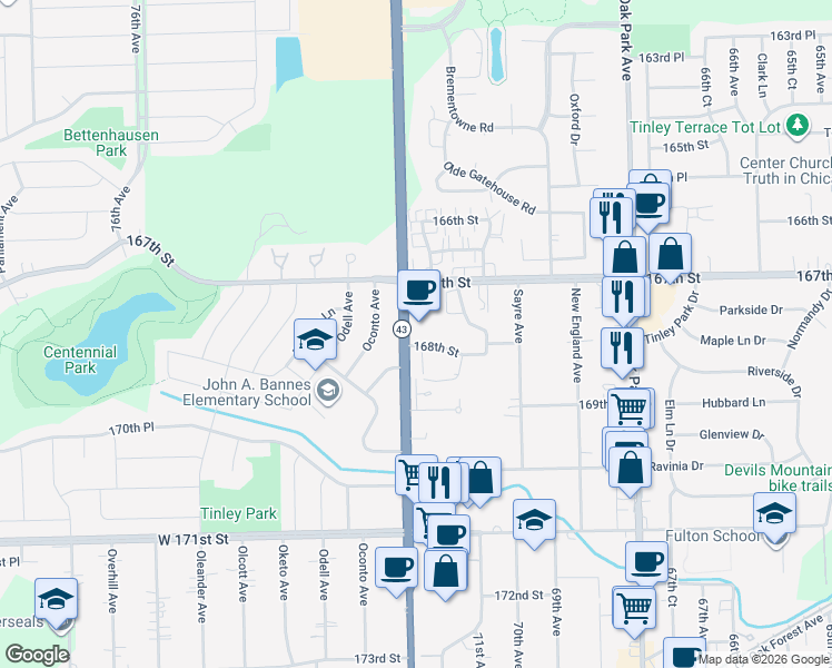map of restaurants, bars, coffee shops, grocery stores, and more near 16703g South Harlem Avenue in Tinley Park