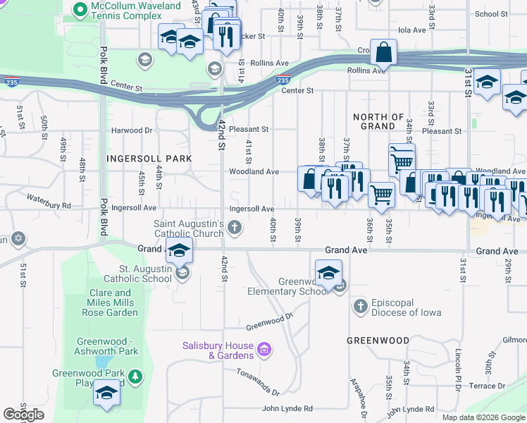 map of restaurants, bars, coffee shops, grocery stores, and more near 4000 Ingersoll Avenue in Des Moines