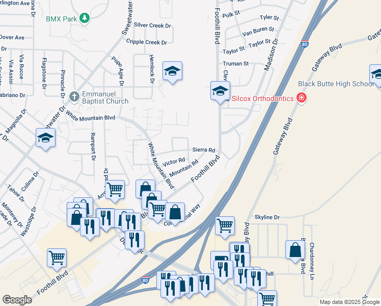 map of restaurants, bars, coffee shops, grocery stores, and more near 3209 Sandy Road in Rock Springs