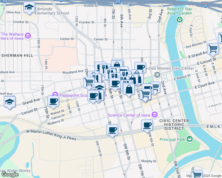 map of restaurants, bars, coffee shops, grocery stores, and more near 317 8th St in Des Moines