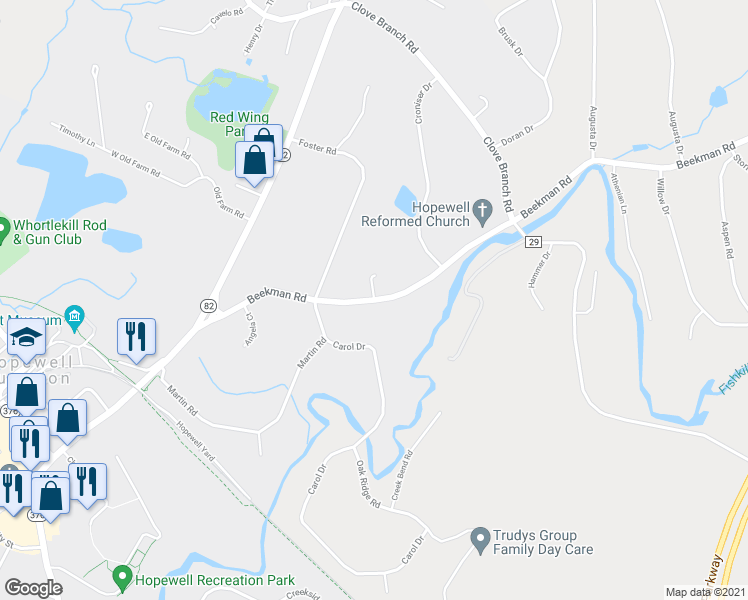 map of restaurants, bars, coffee shops, grocery stores, and more near Beekman Road & Hopewell Hamlet Drive in Hopewell Junction
