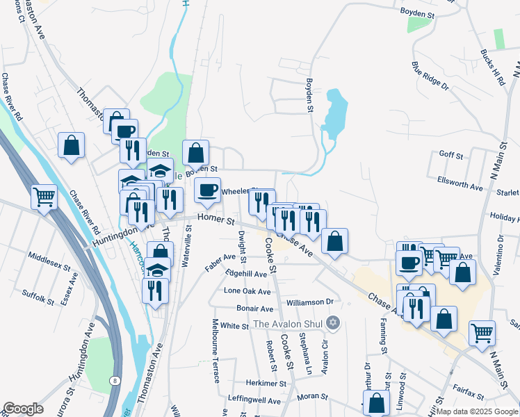 map of restaurants, bars, coffee shops, grocery stores, and more near 1035 Cooke Street in Waterbury