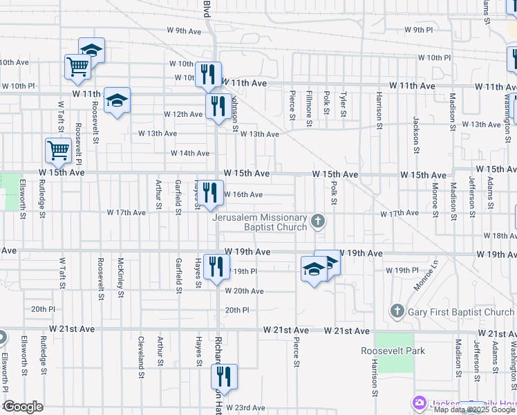map of restaurants, bars, coffee shops, grocery stores, and more near 1400 West 17th Avenue in Gary
