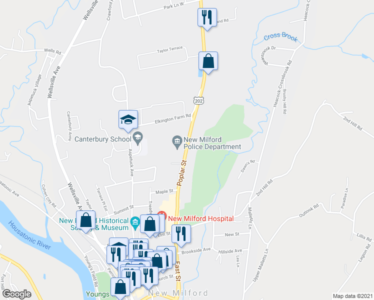 map of restaurants, bars, coffee shops, grocery stores, and more near 34 Poplar St in New Milford
