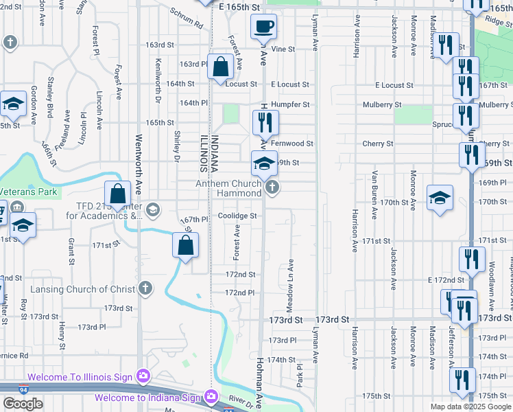 map of restaurants, bars, coffee shops, grocery stores, and more near 7014-7018 Hohman Avenue in Hammond