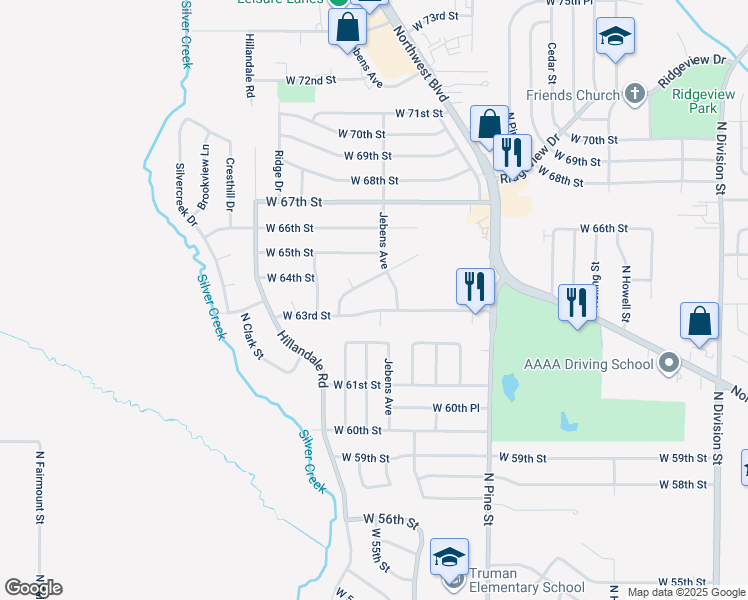 map of restaurants, bars, coffee shops, grocery stores, and more near 2820 West 63rd Street in Davenport