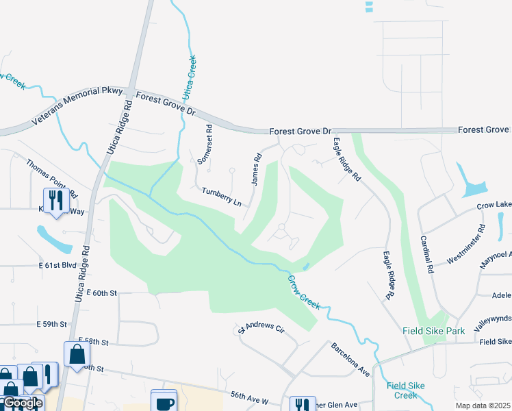 map of restaurants, bars, coffee shops, grocery stores, and more near 6201-6297 James Road in Bettendorf